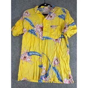 Vintage 80s Islander Floral Hawaiian Shirt Men M Yellow Button Up Beach Rayon